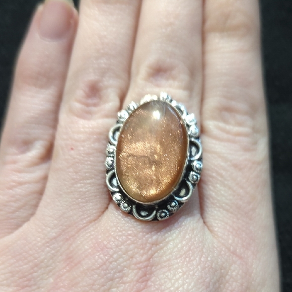 Hand Crafted Jewelry - Silver Plated Peach Sunstone Gemstone Oval Statement Ring - Size 8.75